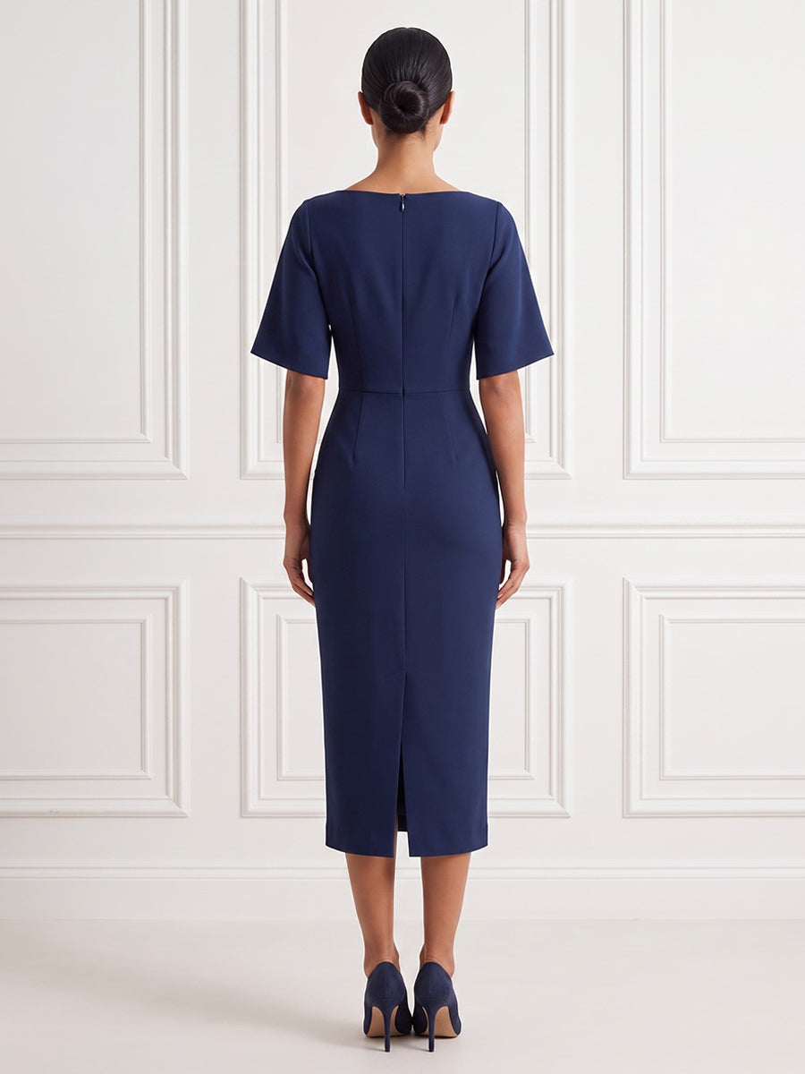 Satin Sheath Jewel Neck Tea Length Fitted Waist Cocktail Dresses