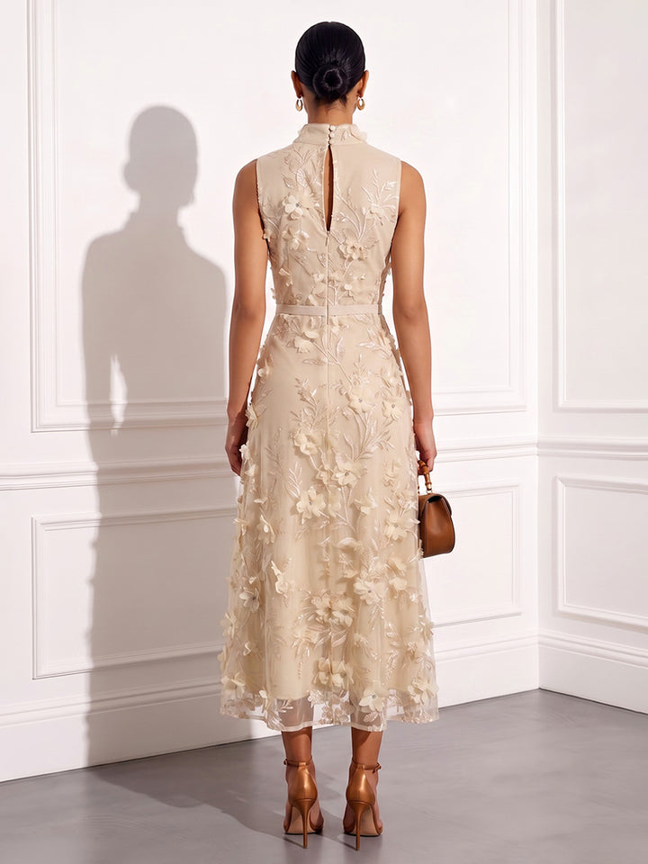 Tulle A Line High Neck Ankle Length with 3D Flowers Cocktail Dresses