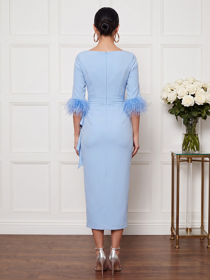 Satin Sheath Jewel Neck Tea Length with Feather Cocktail Dresses