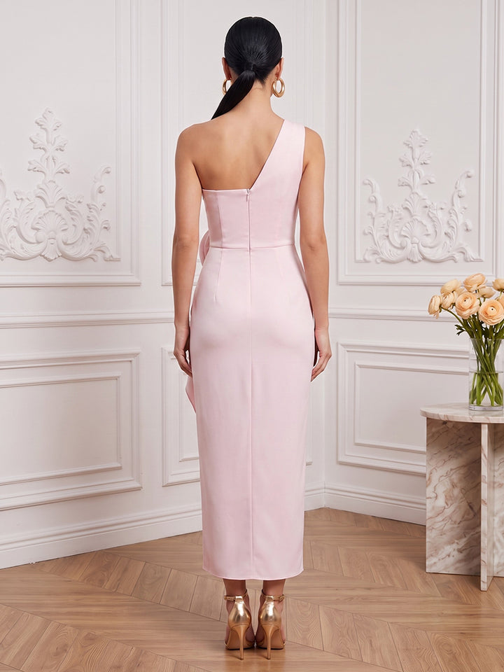 Satin Sheath One Shoulder Ankle Length with 3D Flowers Cocktail Dresses
