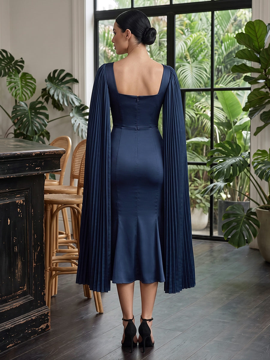 Satin Mermaid Square Neck Tea Length Cape Sleeve Cocktail Dresses