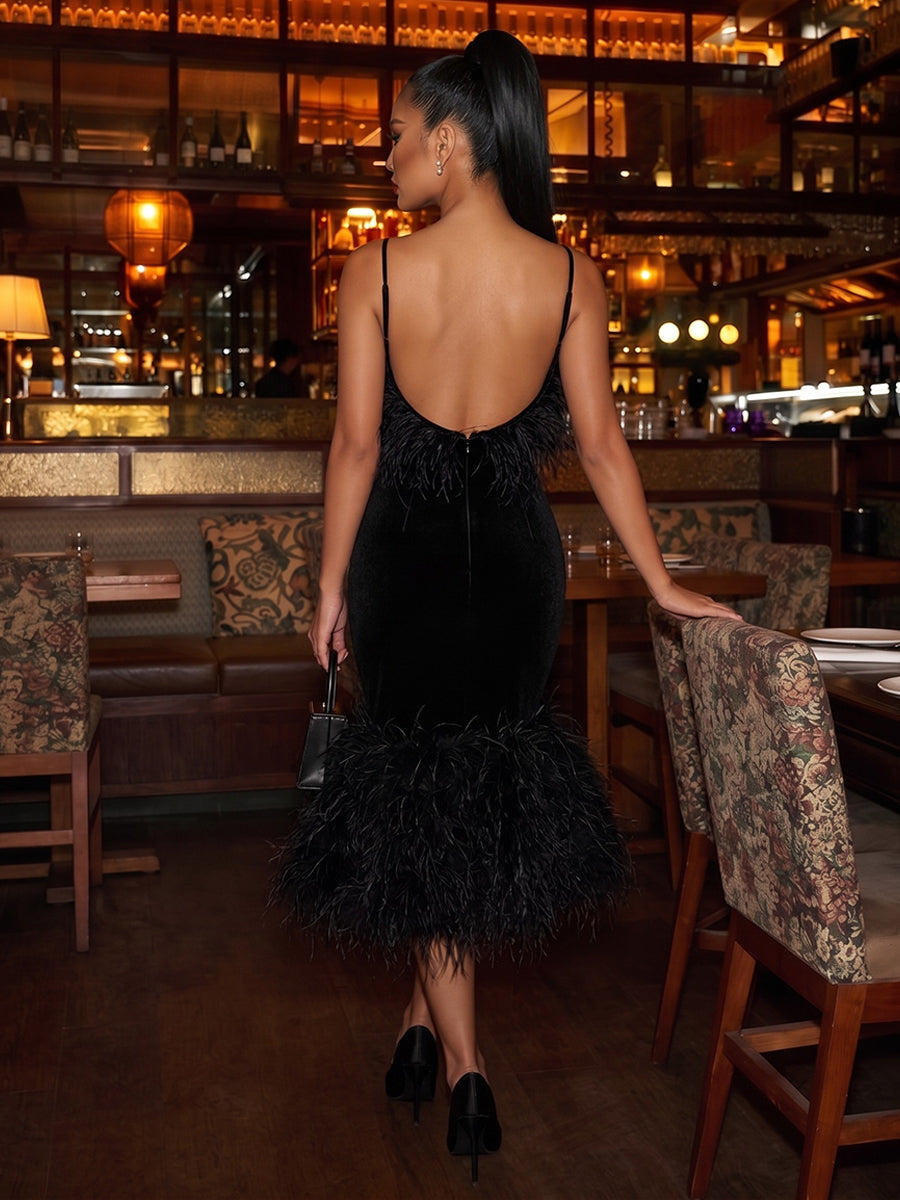Velvet Mermaid Spaghetti Straps Tea Length with Feather Cocktail Dresses