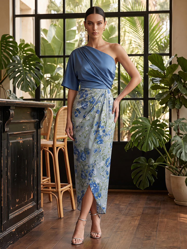 Satin Sheath One Shoulder Hi Lo Floral Print Cocktail Dresses