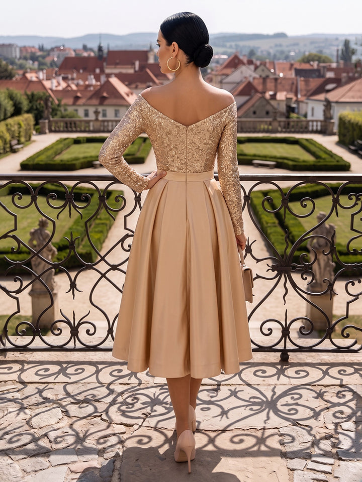 Sequin A Line Off the Shoulder Tea Length Pleats Cocktail Dresses