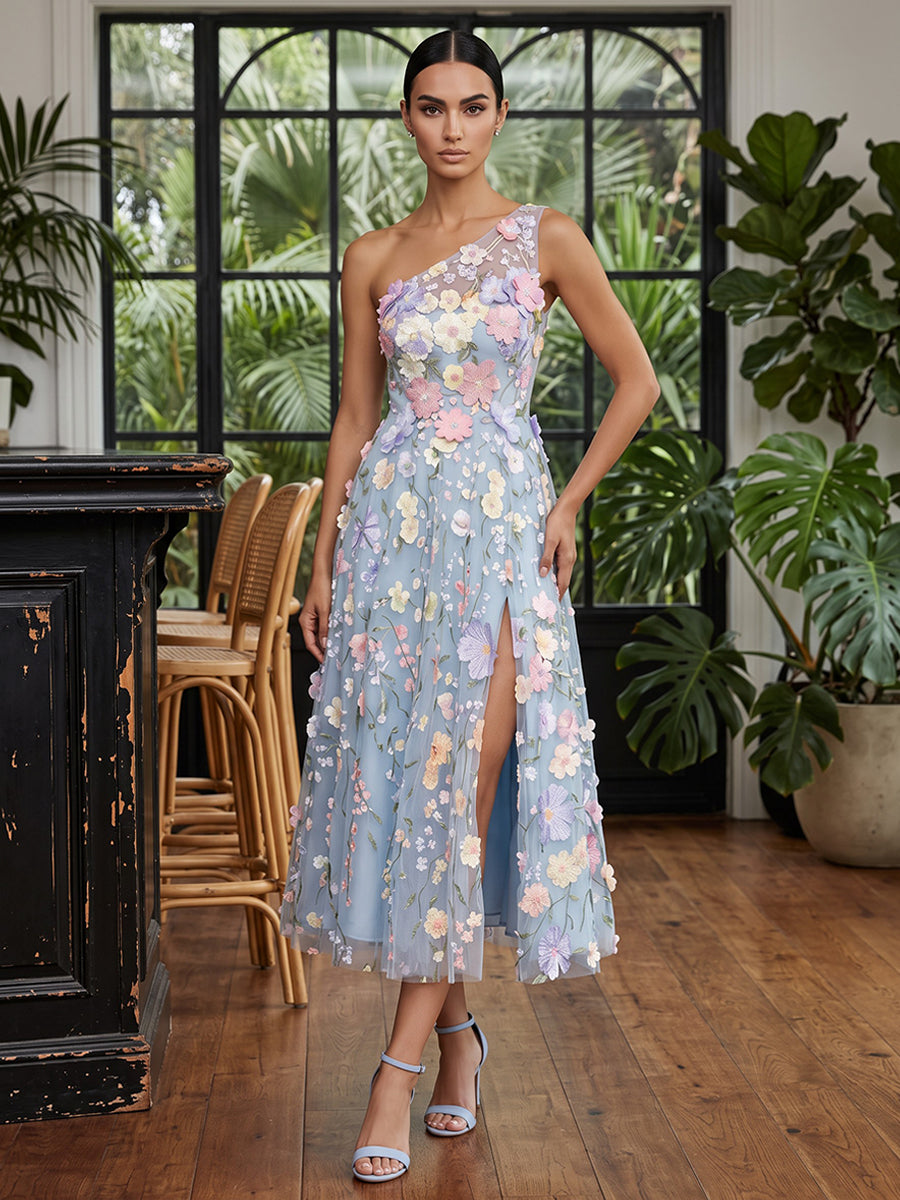 Tulle A Line One Shoulder Tea Length Floral Embroidery Cocktail Dresses