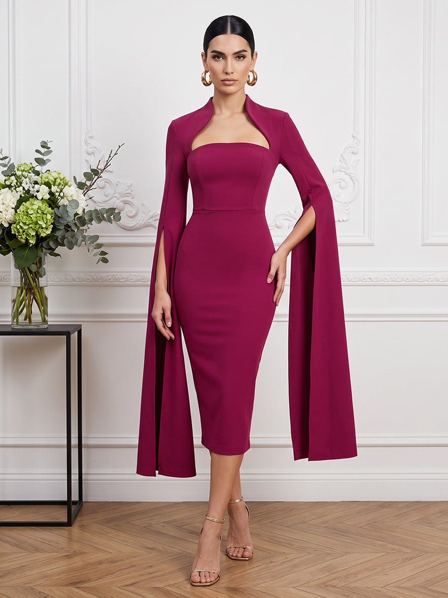 Satin Sheath Square Neck Tea Length Cape Sleeve Cocktail Dresses