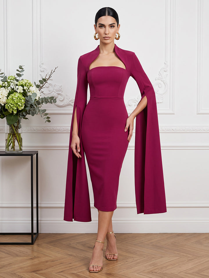 Satin Sheath Square Neck Tea Length Cape Sleeve Cocktail Dresses