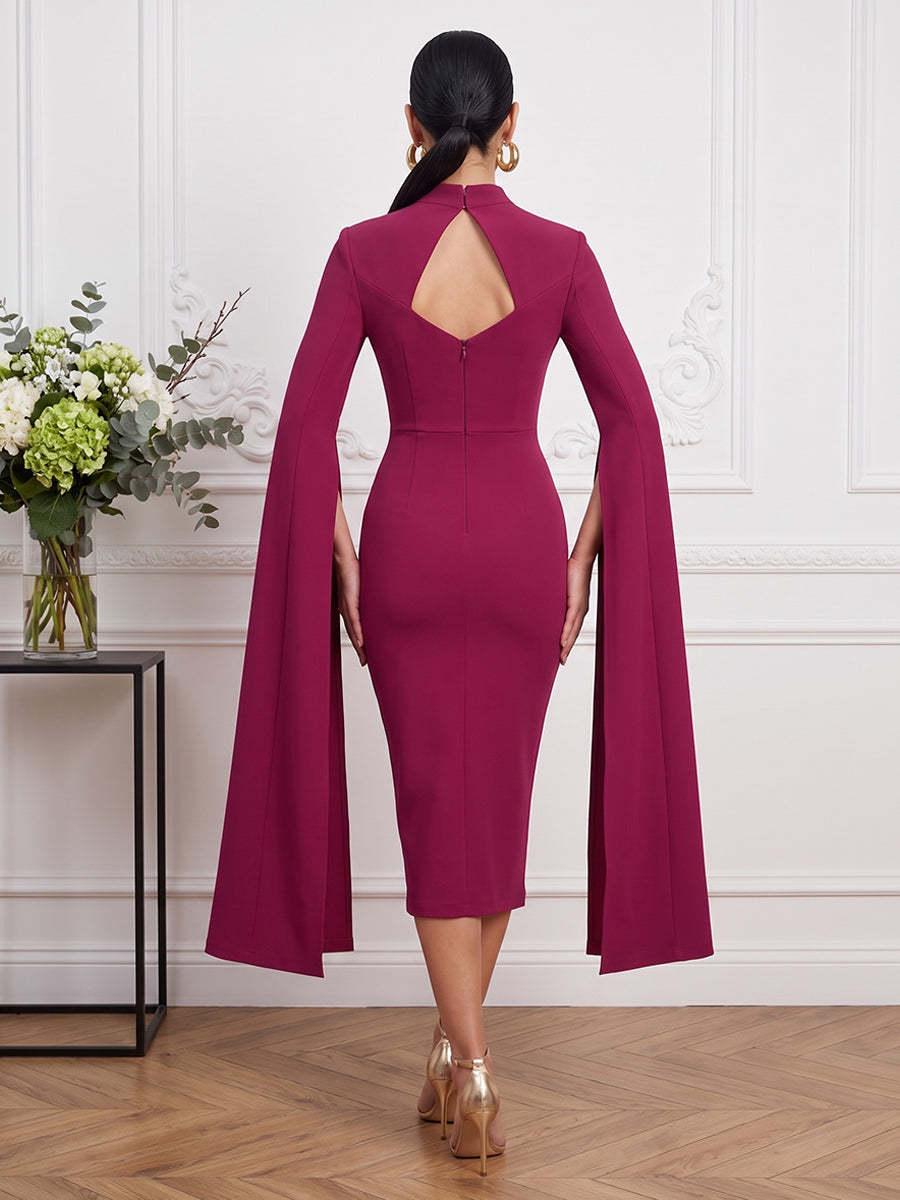 Satin Sheath Square Neck Tea Length Cape Sleeve Cocktail Dresses