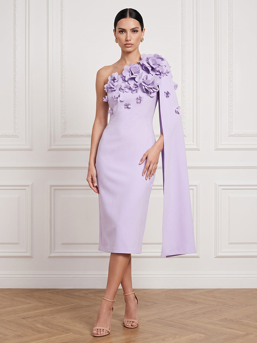 Satin Sheath One Shoulder Tea Length Cape Sleeve Cocktail Dresses