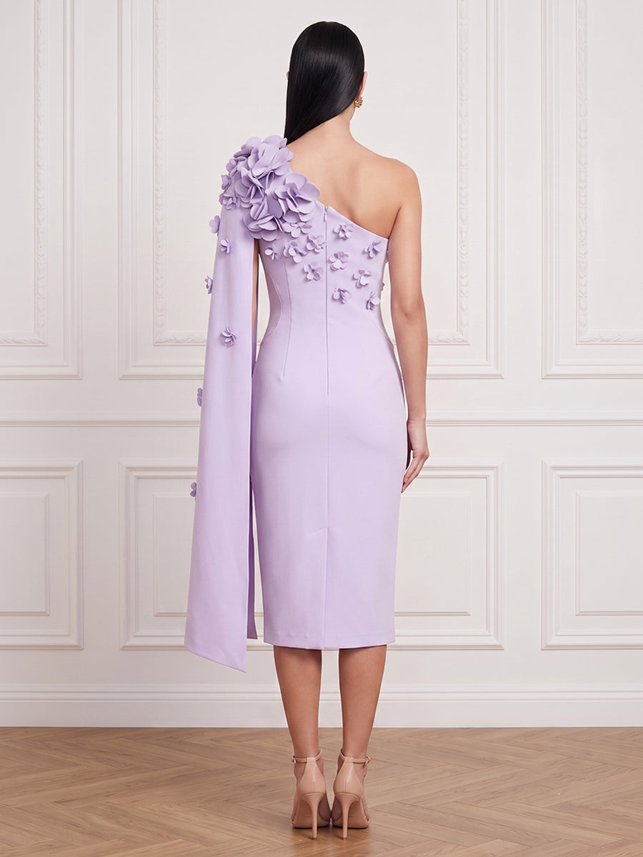 Satin Sheath One Shoulder Tea Length Cape Sleeve Cocktail Dresses