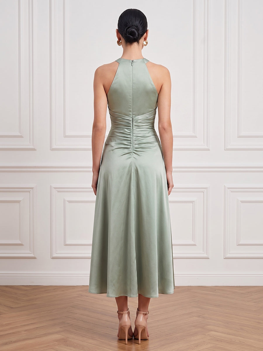 Satin A Line Criss Cross Ankle Length Ruched Cocktail Dresses