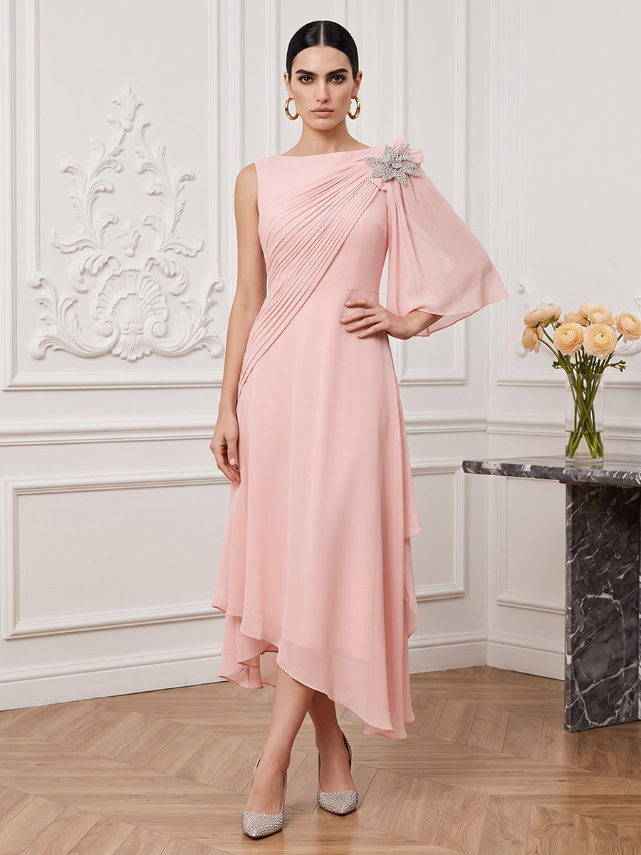 Chiffon A Line Jewel Neck Tea Length Rhinestone Cocktail Dresses