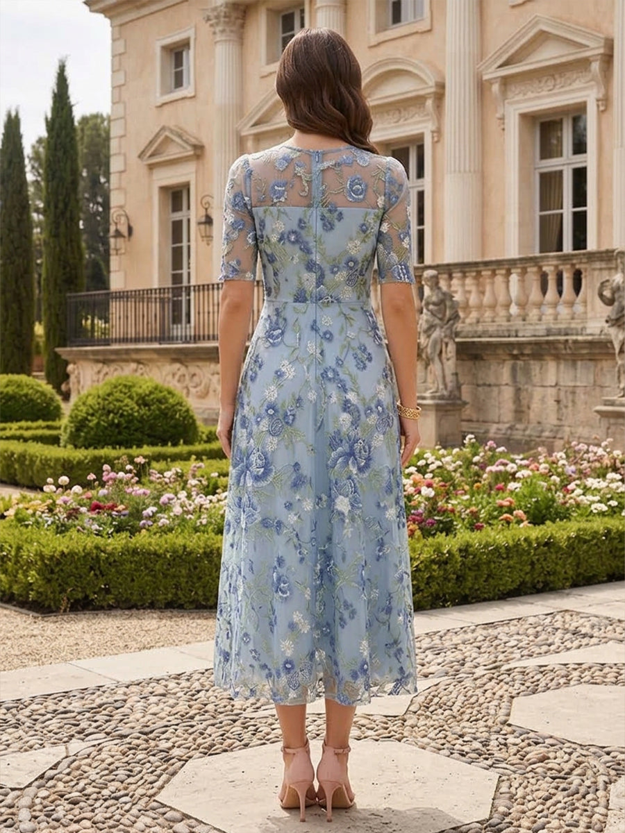 Tulle A Line Round Neck Tea Length Floral Embroidery Cocktail Dresses