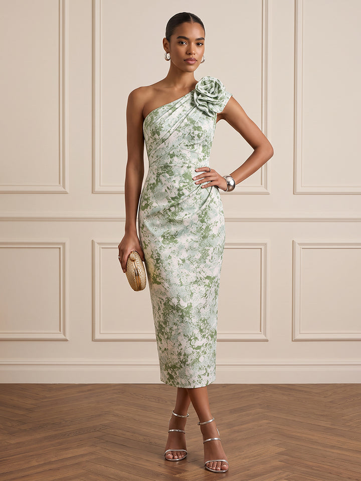 Satin Sheath One Shoulder Tea Length Ruched Cocktail Dresses