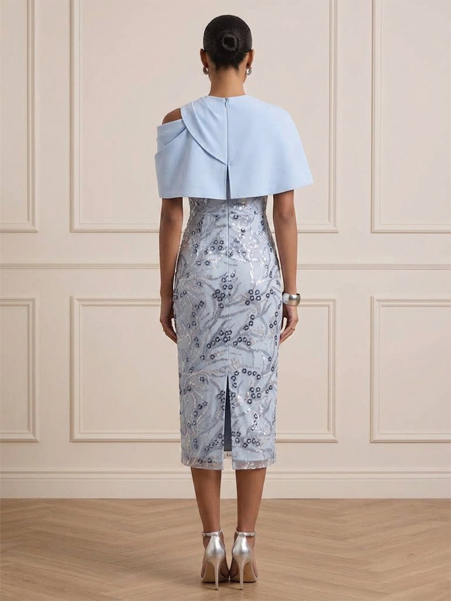 Sequin Sheath Round Neck Tea Length with Cape Cocktail Dresses