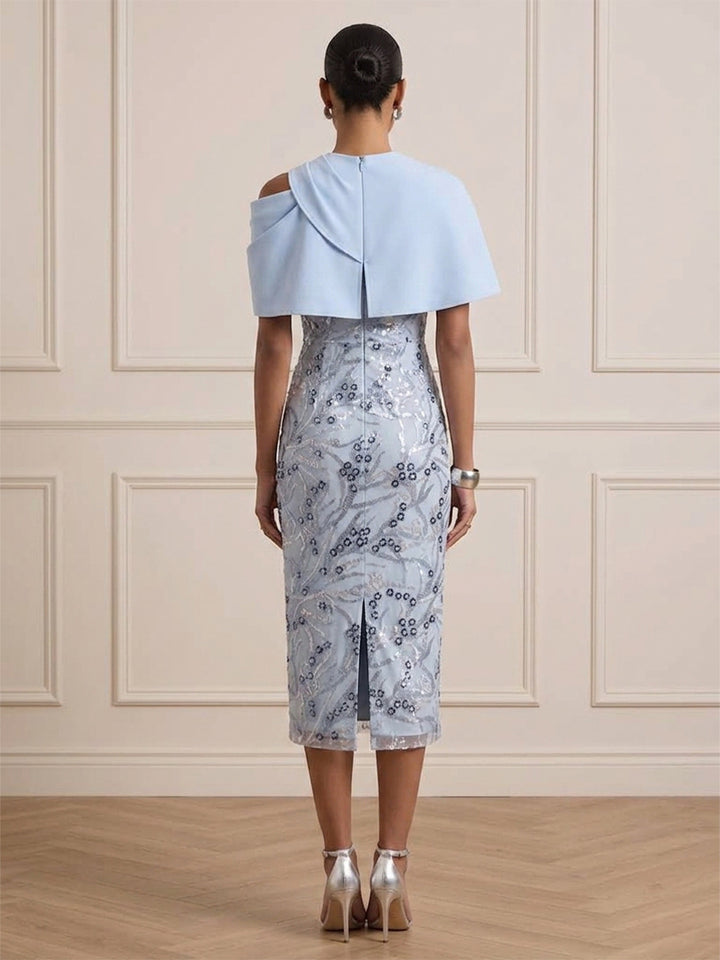 Sequin Sheath Round Neck Tea Length with Cape Cocktail Dresses
