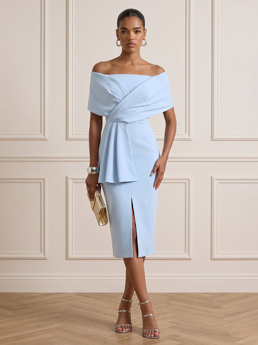 Satin Sheath Off the Shoulder Knee Length Ruched Cocktail Dresses