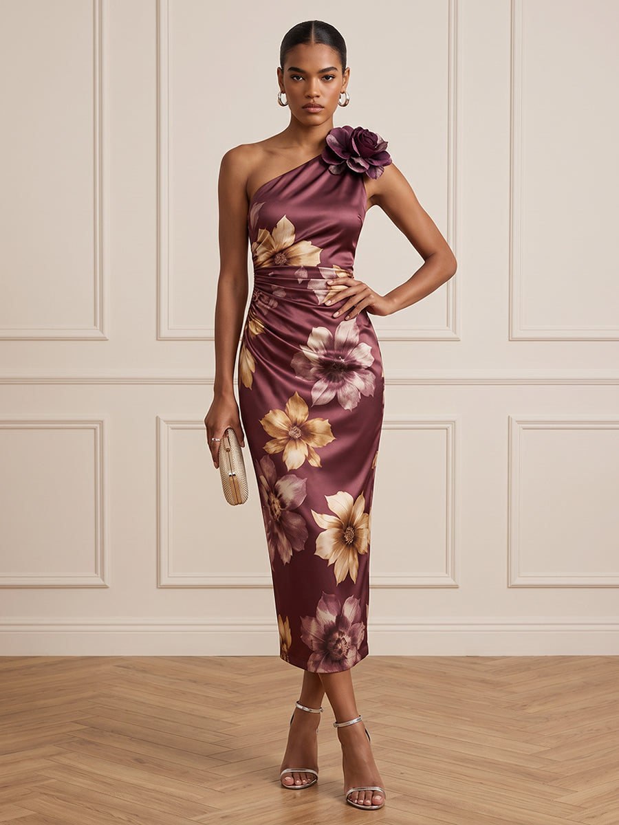Satin Sheath One Shoulder Tea Length Ruched Cocktail Dresses