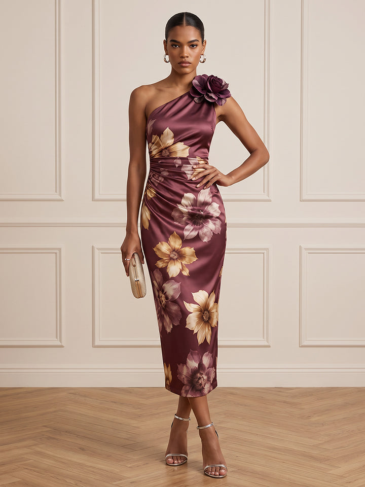 Satin Sheath One Shoulder Tea Length Ruched Cocktail Dresses