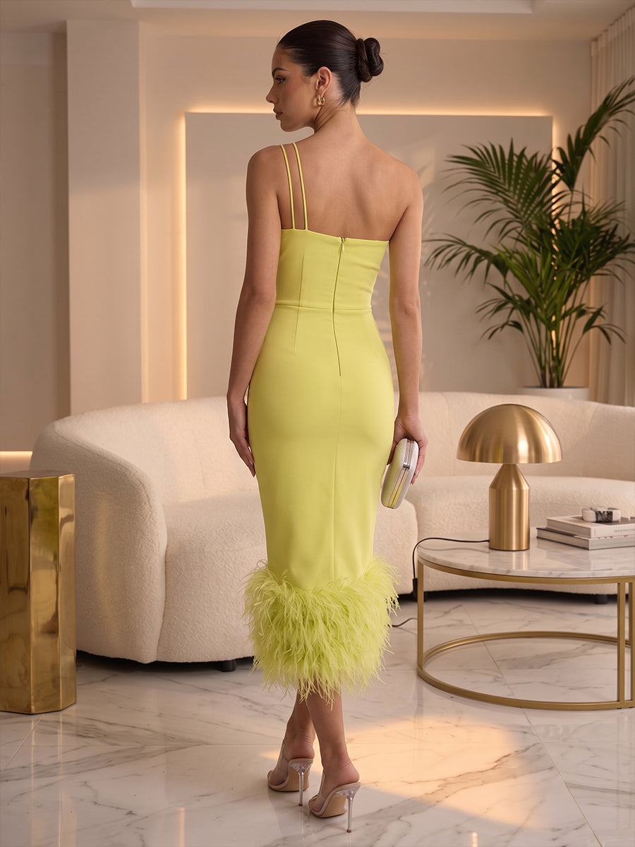 Satin Sheath Spaghetti Straps Tea Length with Feather Cocktail Dresses