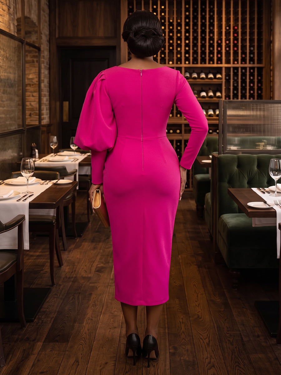 Satin Sheath V Neck Tea Length Puff Sleeve Cocktail Dresses