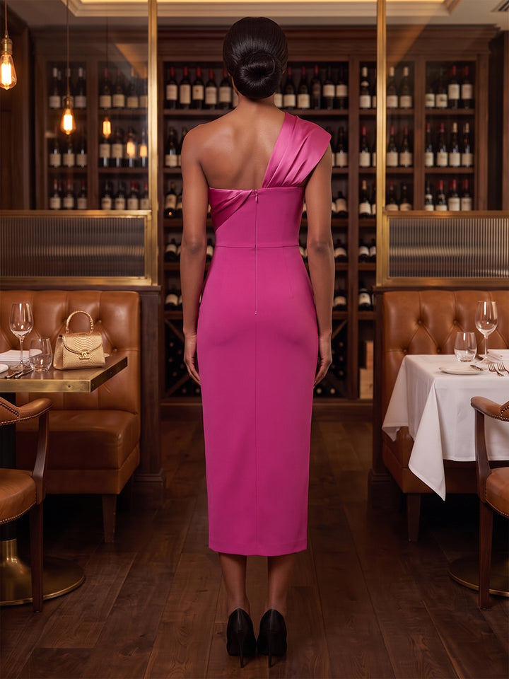 Satin Sheath One Shoulder Tea Length Draped Bodice Cocktail Dresses