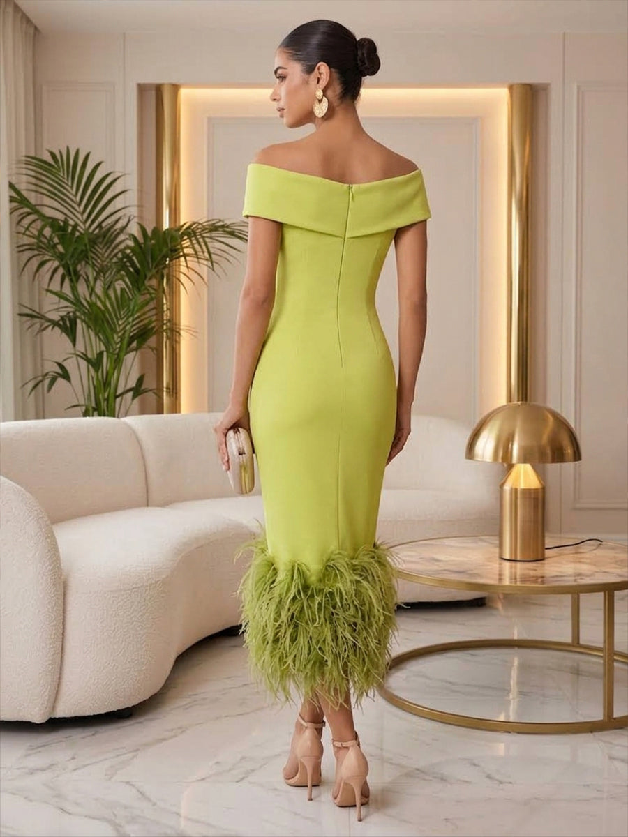 Satin Sheath Off the Shoulder Tea Length with Feather Cocktail Dresses