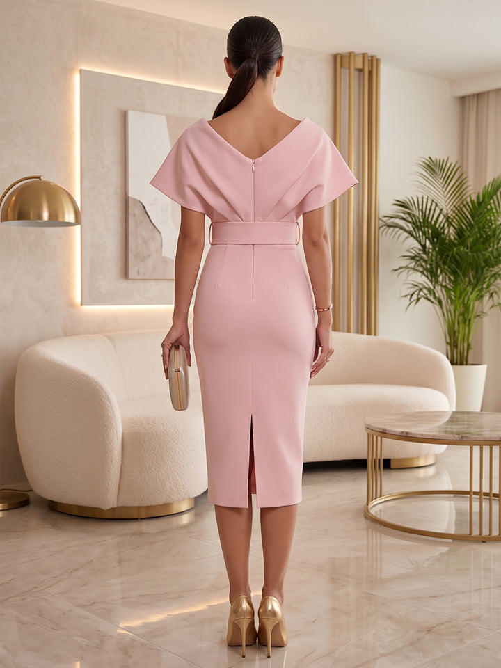 Satin Sheath V Neck Tea Length Ruched Cocktail Dresses