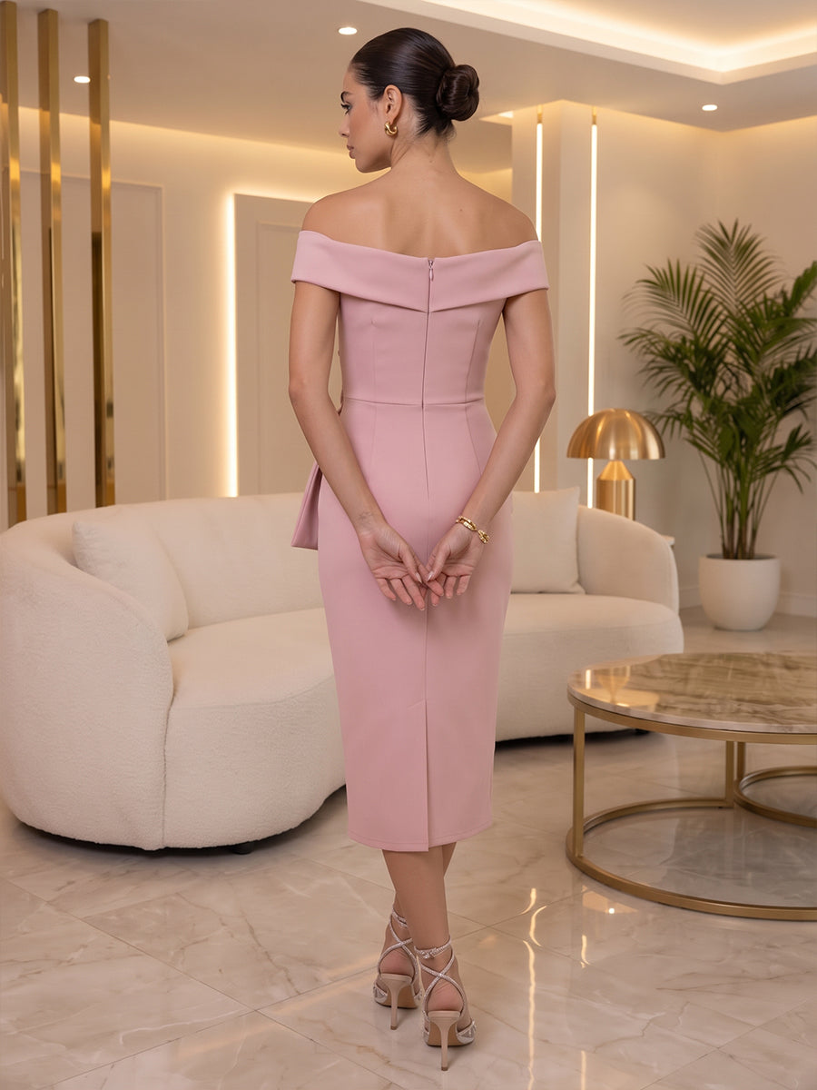 Satin Sheath Off the Shoulder Tea Length Cross Wrapped Cocktail Dresses