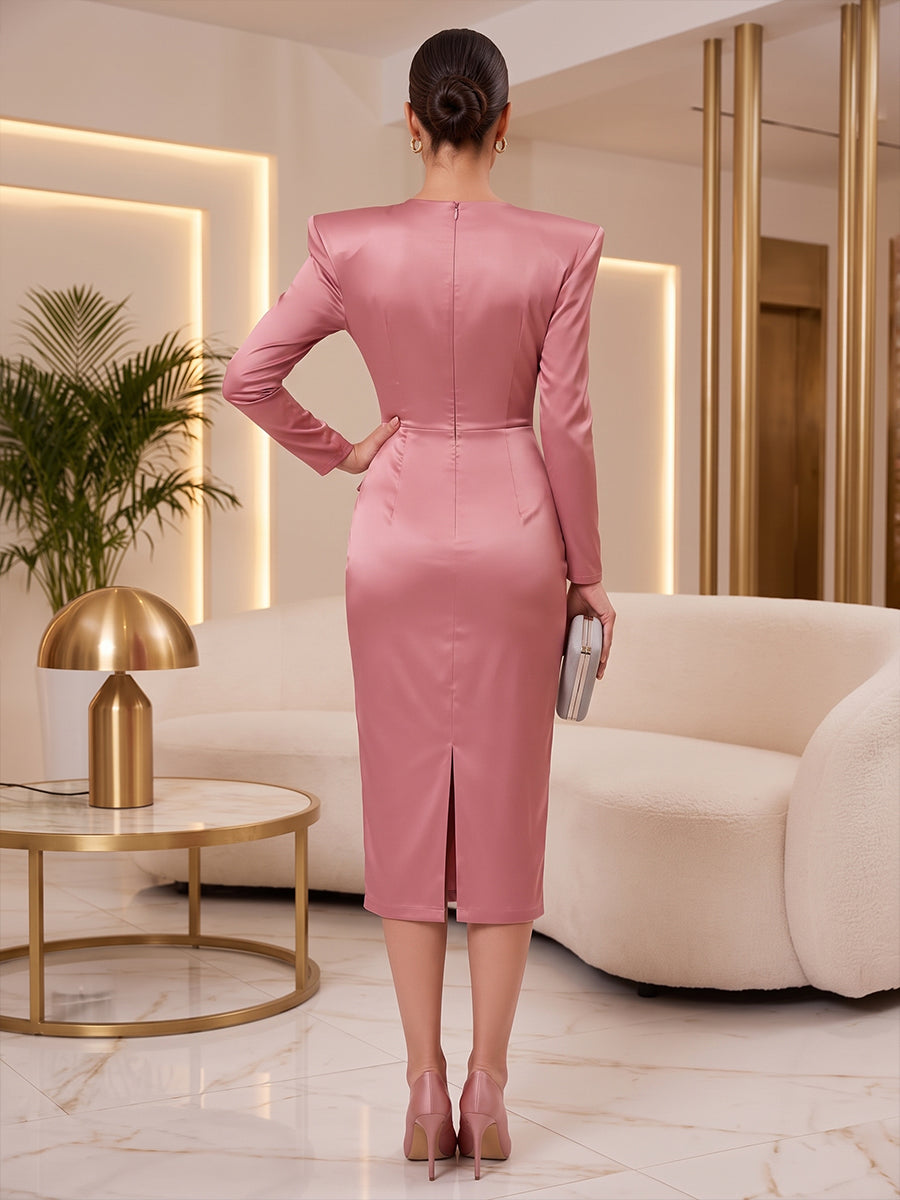 Satin Sheath Round Neck Tea Length Power Shoulders Cocktail Dresses