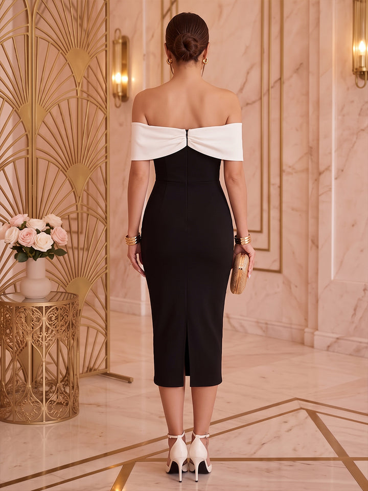 Satin Sheath Off the Shoulder Tea Length Color Blocked Cocktail Dresses
