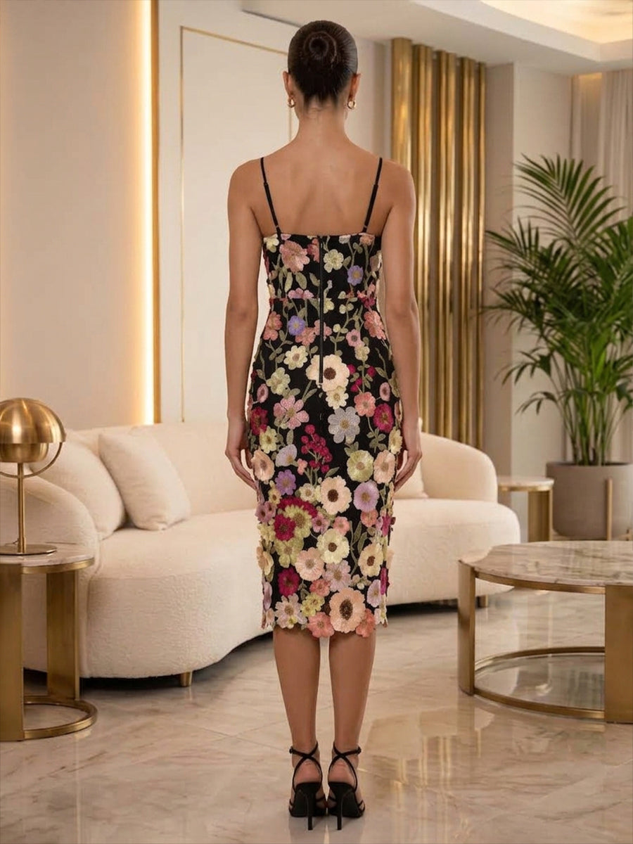 Tulle Sheath Spaghetti Straps Tea Length Floral Embroidery Cocktail Dresses
