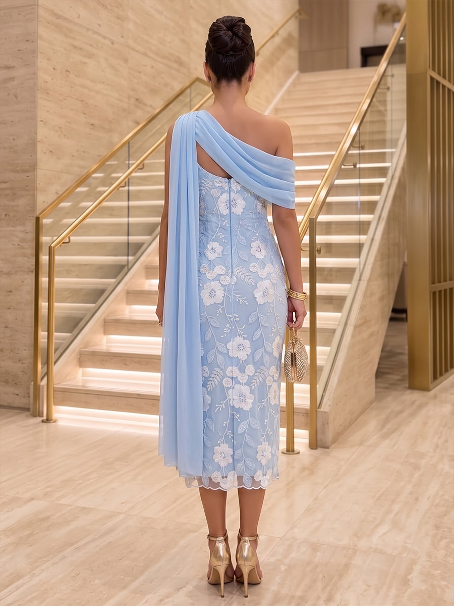 Tulle Sheath One Shoulder Tea Length Floral Embroidery Draped Sash Cocktail Dresses