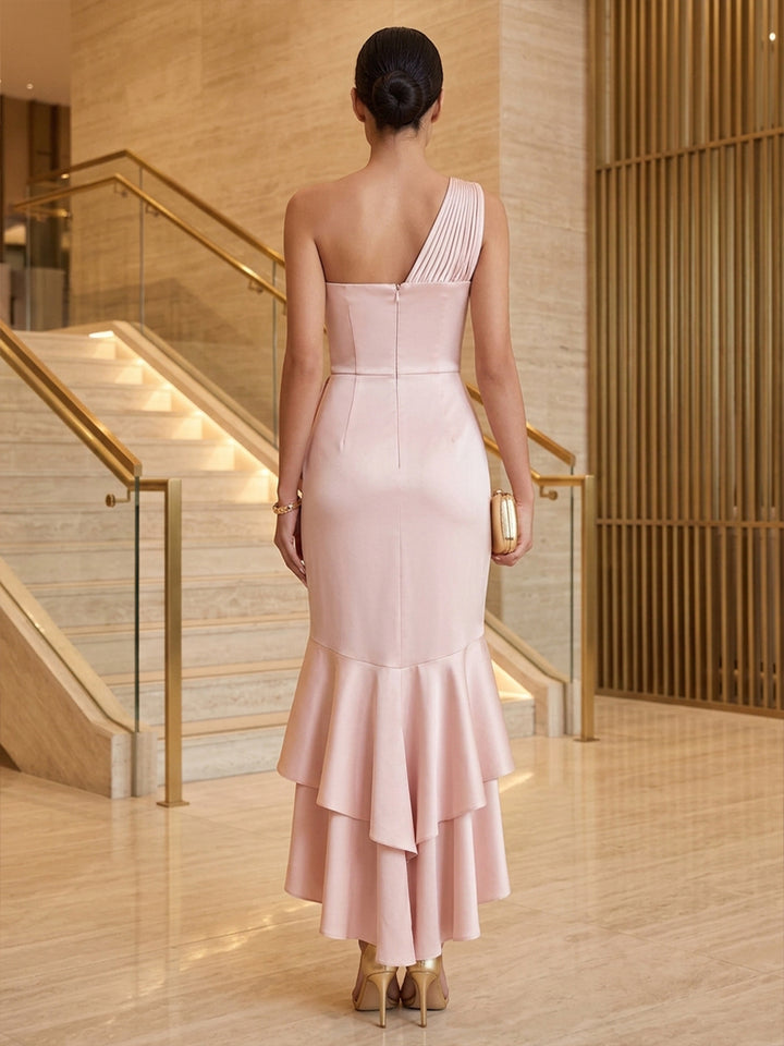 Satin Mermaid One Shoulder Tea Length High Low Cocktail Dresses