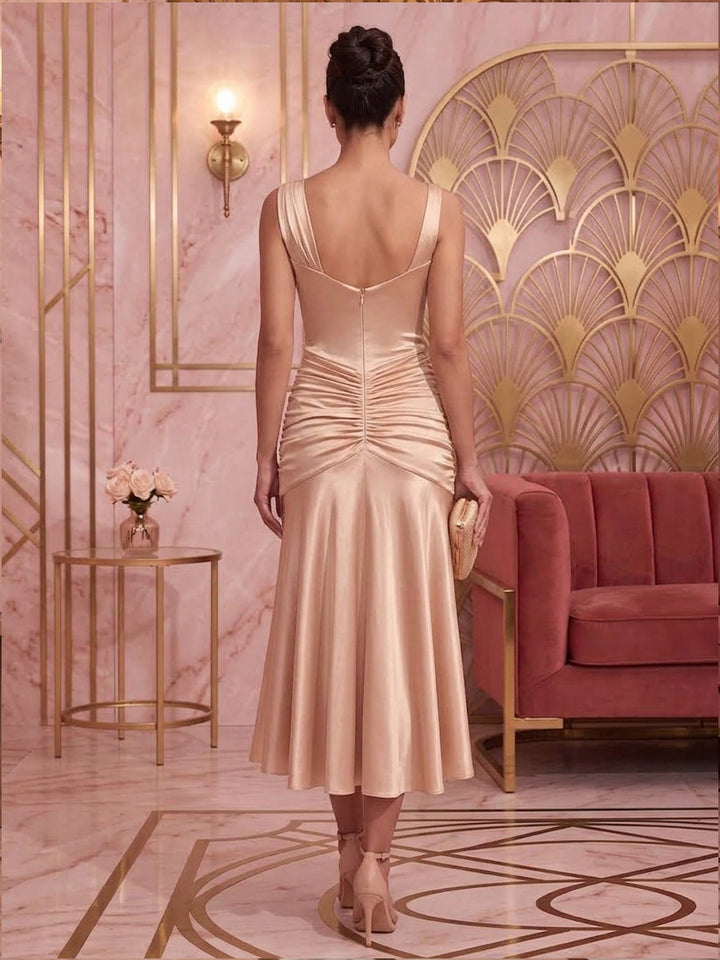Satin Sheath Spaghetti Straps Tea Length Ruched Cocktail Dresses
