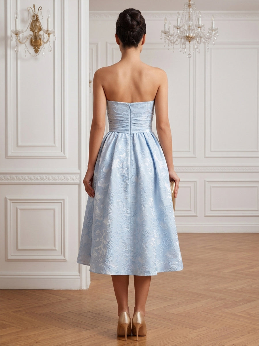 Satin Jacquard A Line Strapless Tea Length Ruched Waist Cocktail Dresses