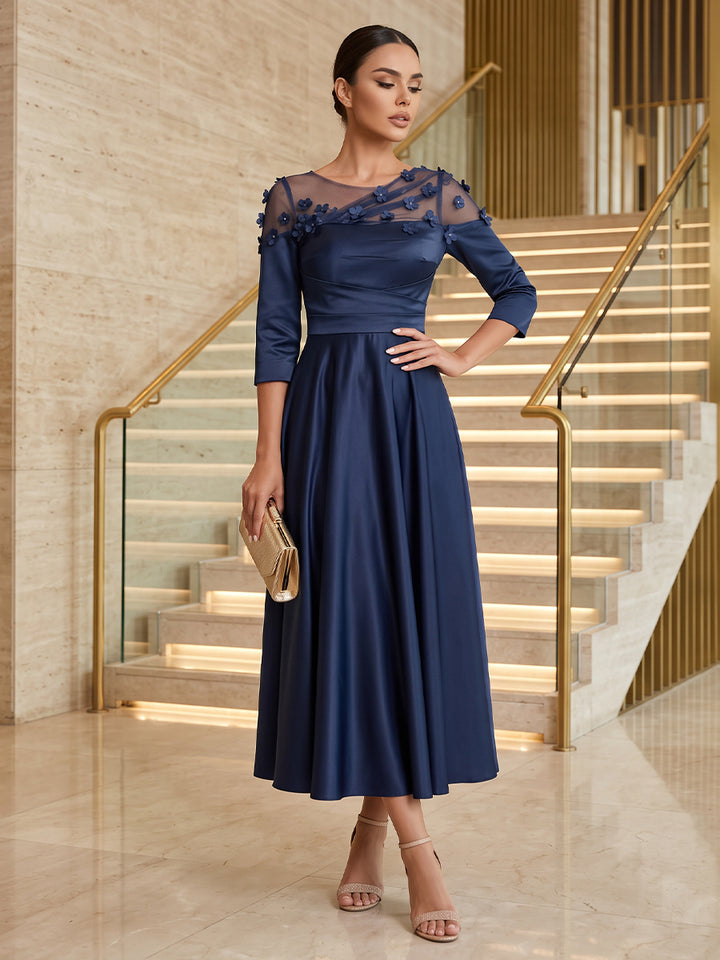 Satin A Line Scoop Neck Tea Length Illusion Neck Cocktail Dresses