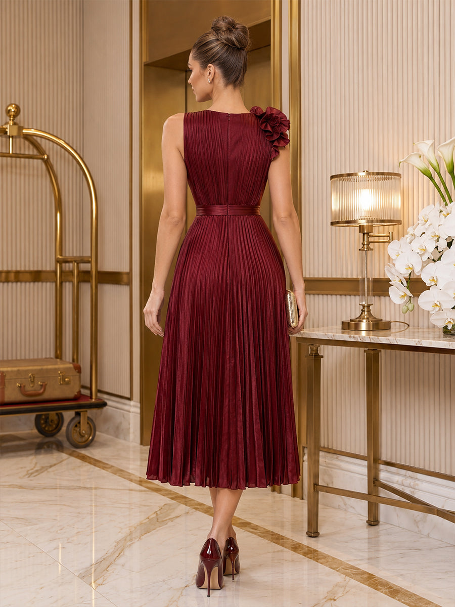 Satin A Line V Neck Tea Length Pleats Cocktail Dresses