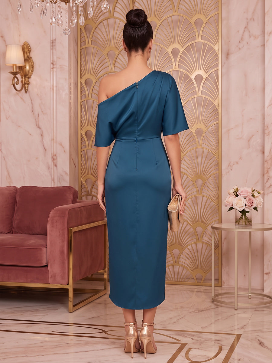 Satin Sheath One Shoulder Tea Length High Low Cocktail Dresses