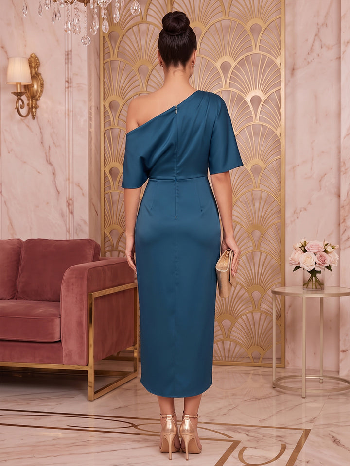 Satin Sheath One Shoulder Tea Length High Low Cocktail Dresses