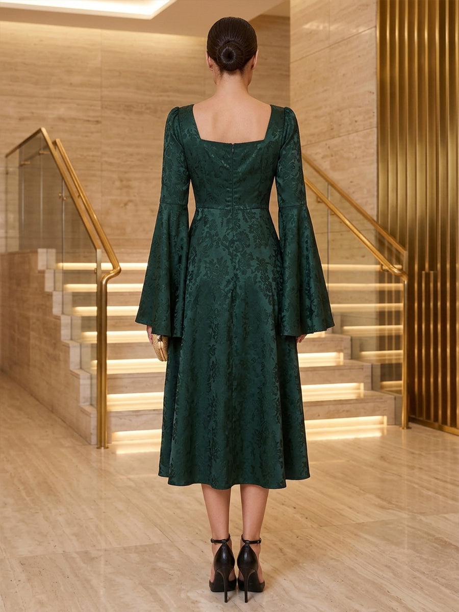 Burnout Velvet A Line Square Neck Tea Length Bell Sleeve Cocktail Dresses