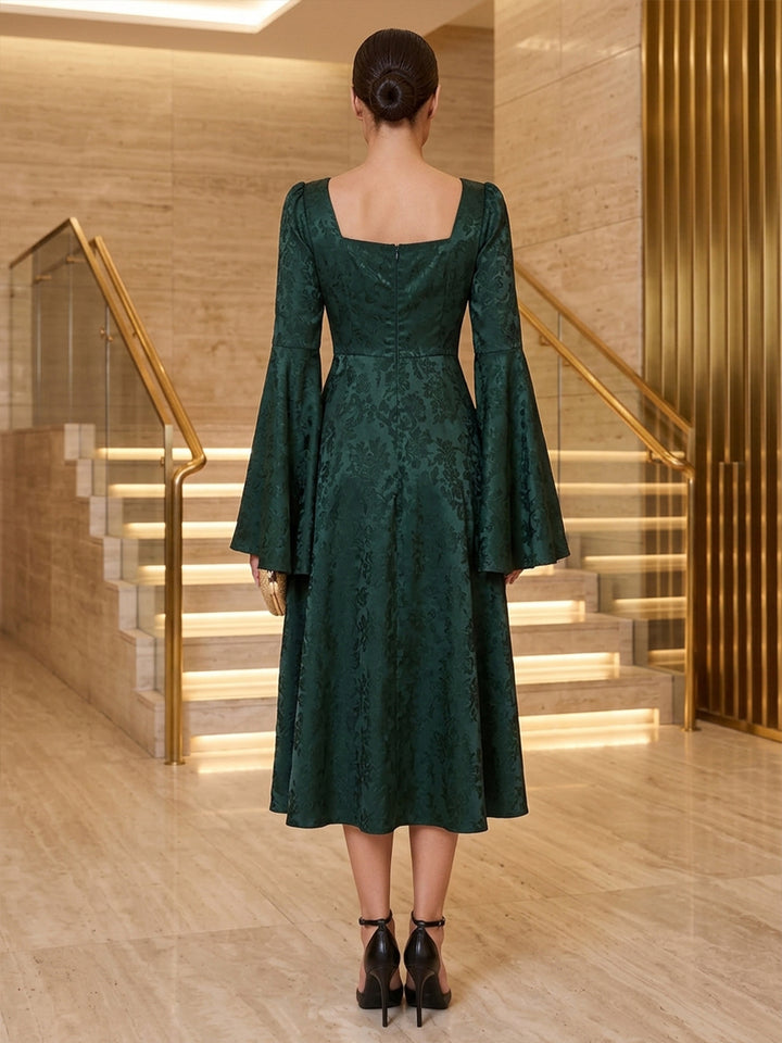 Burnout Velvet A Line Square Neck Tea Length Bell Sleeve Cocktail Dresses