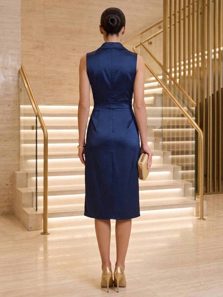 Satin Sheath Blazer Collar Tea Length Ruched Cocktail Dresses