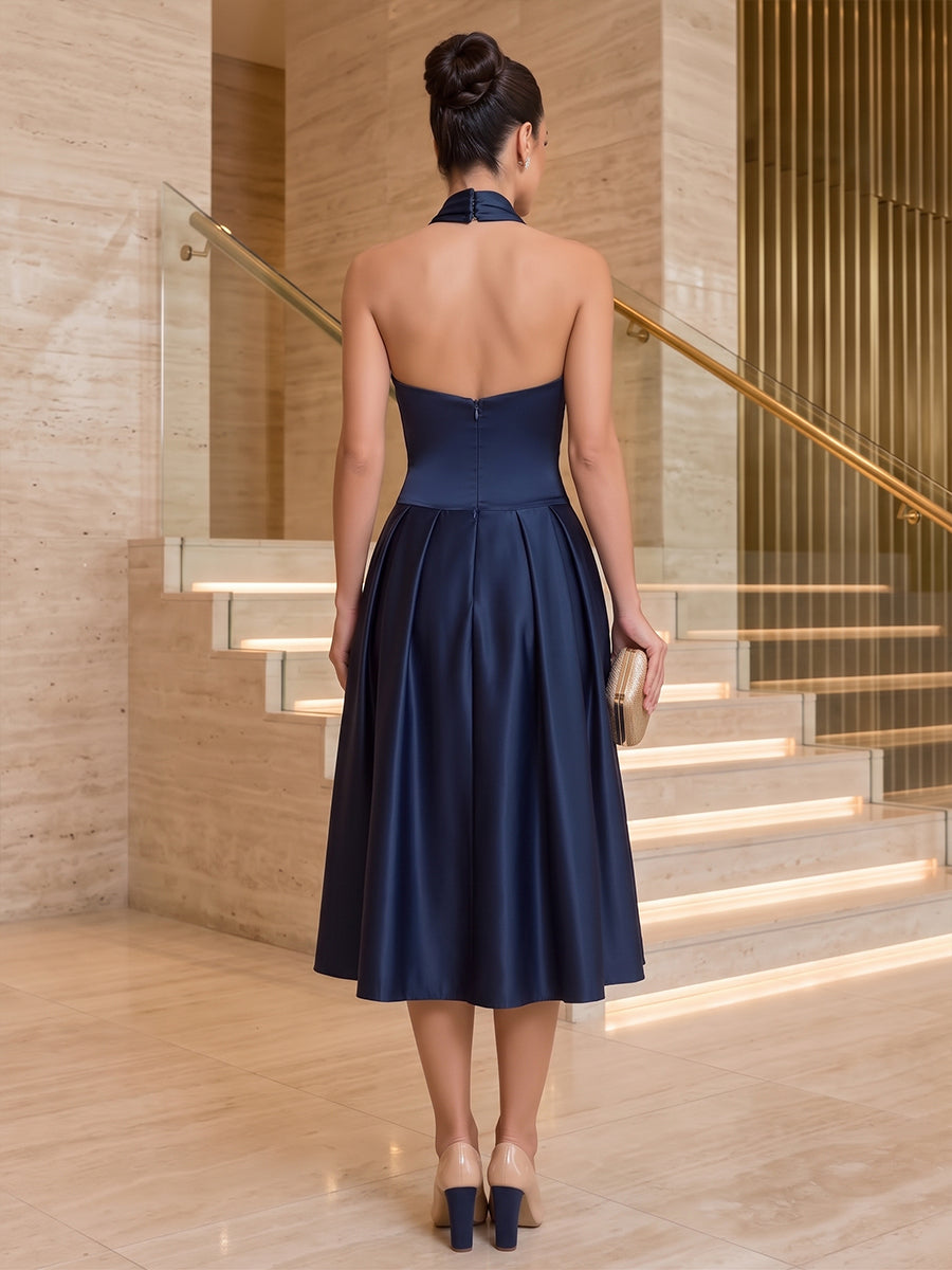 Satin A Line Criss Cross Tea Length Pleats Cocktail Dresses