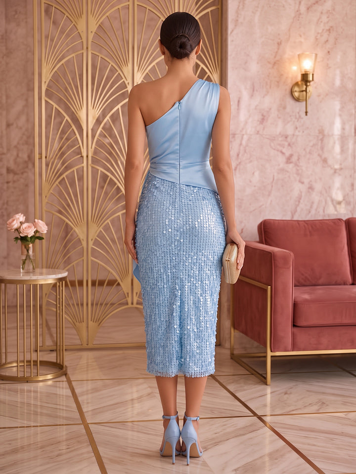 Sequin Sheath One Shoulder Tea Length Ruched Cocktail Dresses