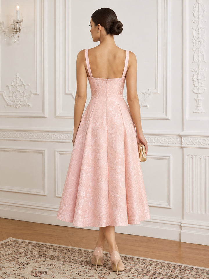 Satin Jacquard A Line Spaghetti Straps Tea Length Sweetheart Neck Cocktail Dresses