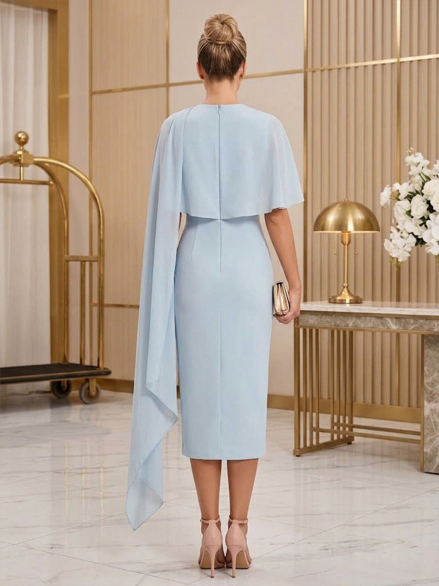 Chiffon Sheath Round Neck Tea Length Cape Cocktail Dresses
