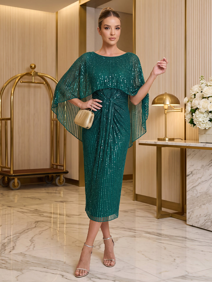 Sequin Sheath Round Neck Tea Length Cape Cocktail Dresses