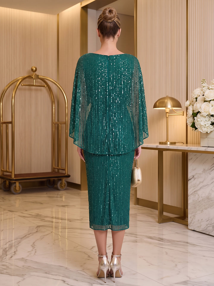 Sequin Sheath Round Neck Tea Length Cape Cocktail Dresses