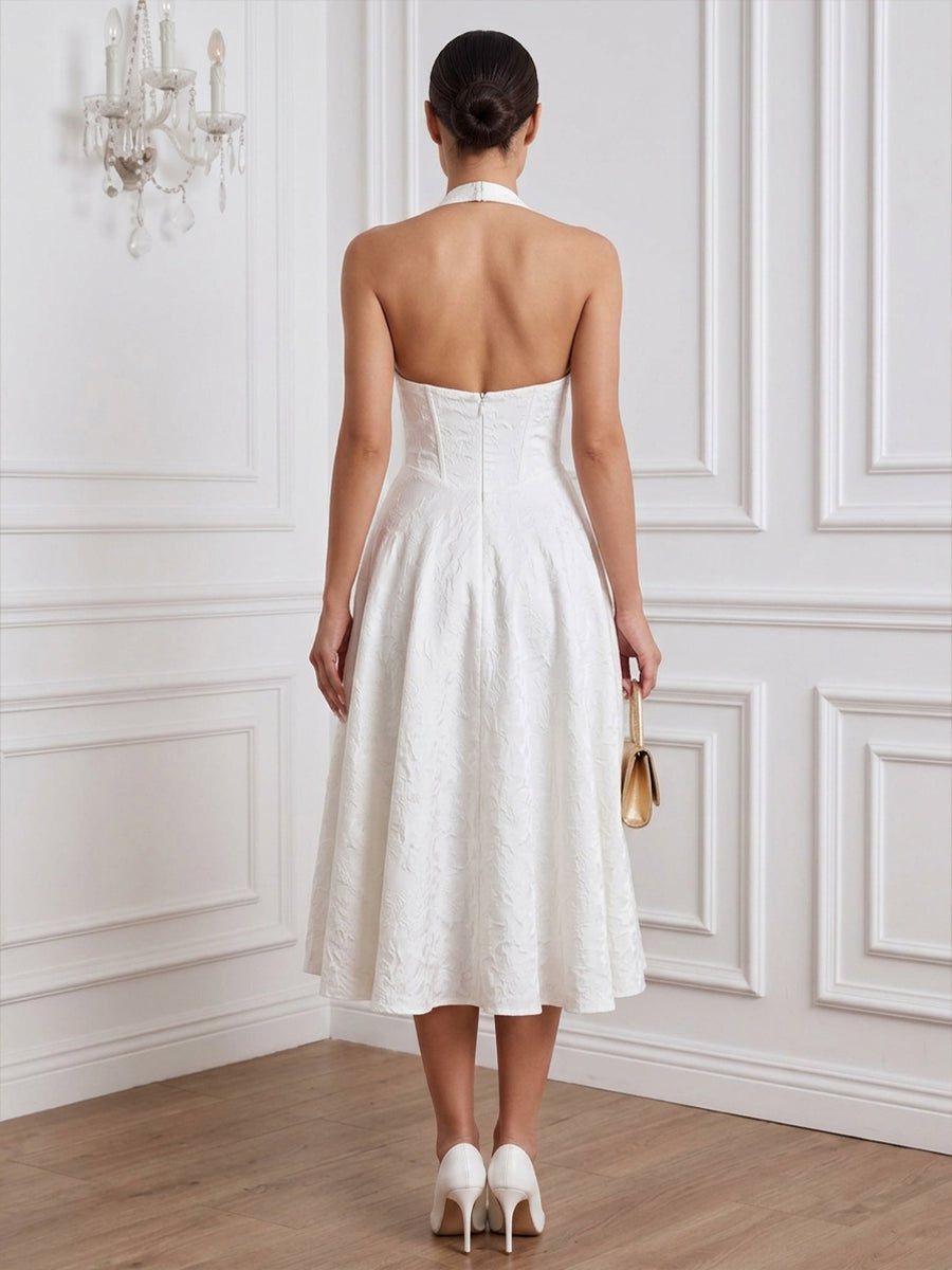 Satin Jacquard A Line Halter Tea Length Deep V Halter Cocktail Dresses